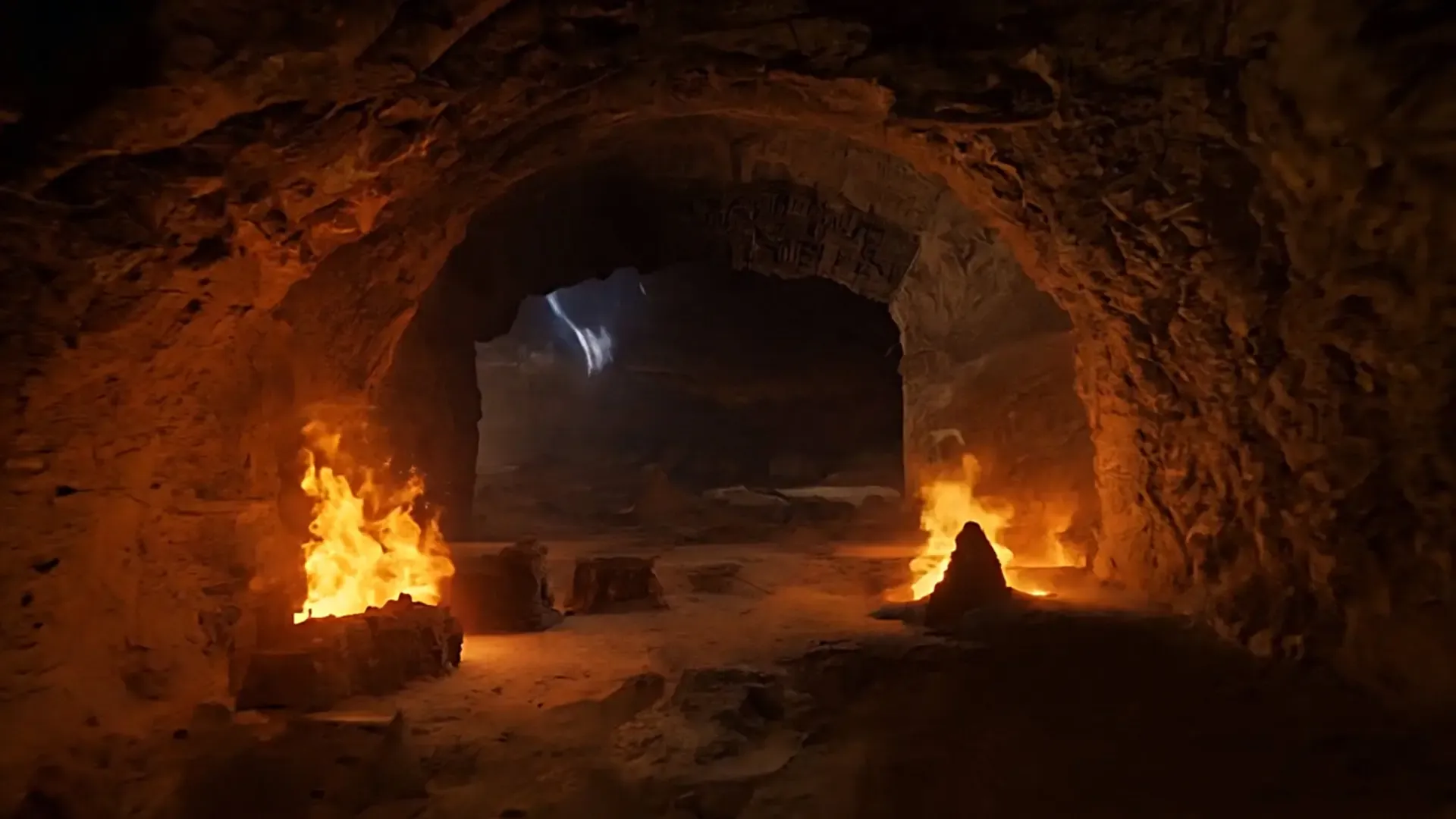 Mystic Cavern Overlooking Stormy Desert Background for Epic Title Animation